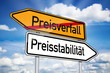 Wegweiser mit Preisverfall und Preisstabilität