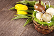 Easter still life with eggs in basket