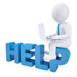 3d man sitting with a laptop on the word help