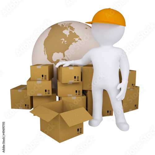 Illustration: 3d man standing near the boxes 3d man standing near the boxes