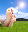 Naked feet in grass with daisy