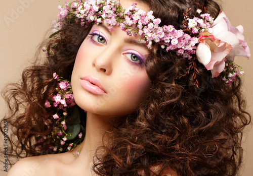 Photo: Maiden. Neat Woman with Pink Romantic Wreath. Classy Brunette Maiden. Neat Woman with Pink Romantic Wreath. Classy Brunette