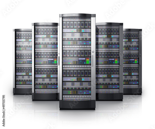 Illustration: Row of network servers in data center Row of network servers in data center