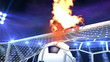 burning soccer ball is slowly flying in the goal