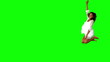 Girl in white jumping on green screen with large copy space