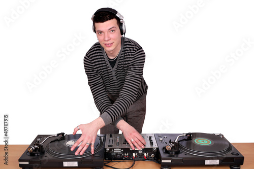 Photo: dj with turntables on white dj with turntables on white