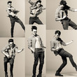 sexy man model playing air-guitar and making funny faces