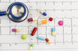 Stethoskop und Tabletten auf einem EKG