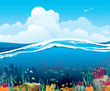 Vector: Seascape with underwater creatures and cloudy sky Seascape with underwater creatures and cloudy sky