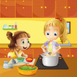 Mother and daughter cooking together