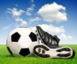 soccer ball and shoes in grass
