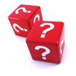 Two red dice with question marks