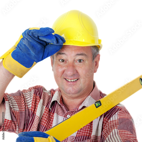 Photo: Friendly construction worker with a spirit level Friendly construction worker with a spirit level