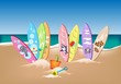 Illustration Set of Surfboards on A Beach