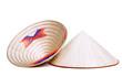 Asian conical hat with pink tie, isolated on white.