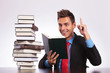 reading man has an idea at desk