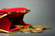 female red wallet with coins on grey background