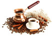 Coffee pot and coffee beans, isolated on white