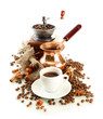 Cup and pot of coffee and coffee beans, isolated on white