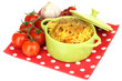 Delicious pilaf with vegetables isolated on white