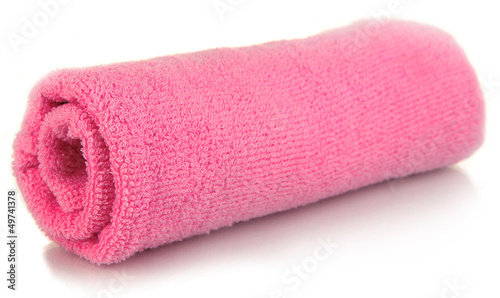 Photo: Rolled up pink towel isolated on white Rolled up pink towel isolated on white