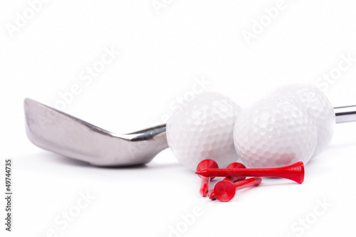 Photo: golf club and tees with ball on white background golf club and tees with ball on white background