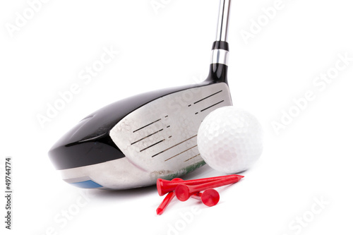 Photo: golf club and tees with ball on white background golf club and tees with ball on white background