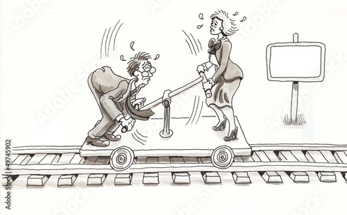 Illustration: Two executives work train car with sweat Two executives work train car with sweat