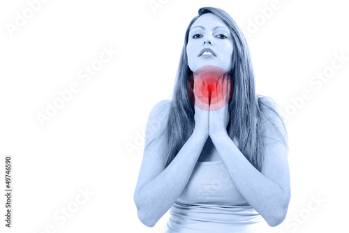 Photo: Pretty young woman sore throat isolated on white background Pretty young woman sore throat isolated on white background