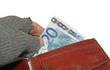 hand of the poor man who steals euro money from wallet