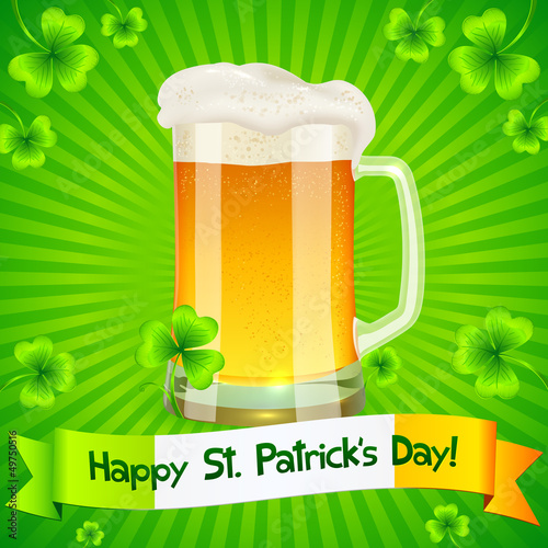 Vector: Green Saint Patrick's Day greeting card with pint of light beer Green Saint Patrick's Day greeting card with pint of light beer