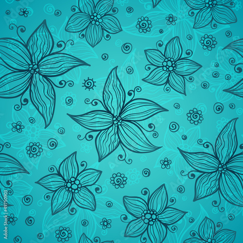 Vector: Blue line drawn flowers seamless pattern Blue line drawn flowers seamless pattern