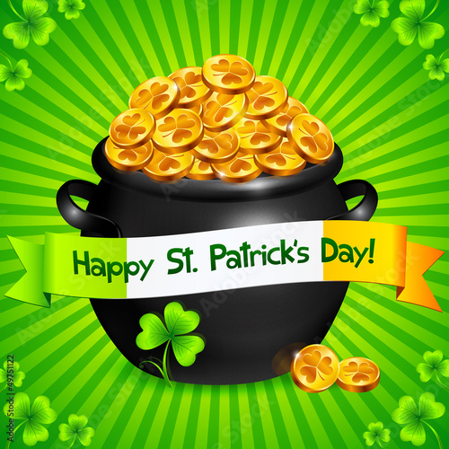Vector: Black pot of leprechauns gold with clovers Patrick's Day card Black pot of leprechauns gold with clovers Patrick's Day card