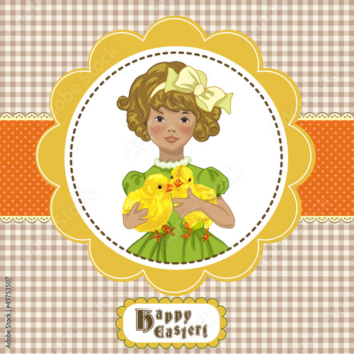 Vector: easter template or card with chick and girl easter template or card with chick and girl