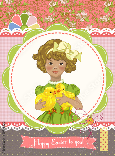 Vector: easter template or card with chick and girl easter template or card with chick and girl