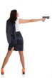 Young brunette woman with gun isolated on white