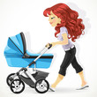 Cute mother with a blue pram on walk