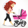 Cute mother with a  pink pram on walk