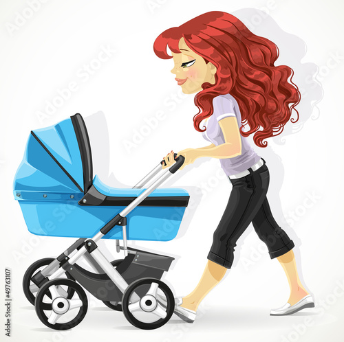 Vector: Cute mother with a blue pram on walk Cute mother with a blue pram on walk