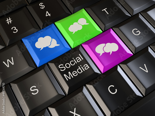 Illustration: Social media on laptop keyboard. Conceptual image. 3d Social media on laptop keyboard. Conceptual image. 3d