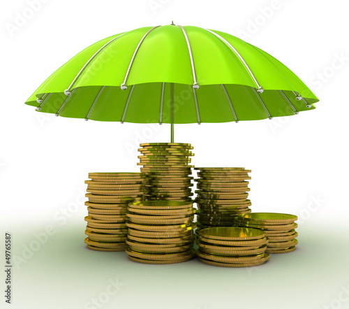 Illustration: Stacks of golden coins covered by green umbrella Stacks of golden coins covered by green umbrella
