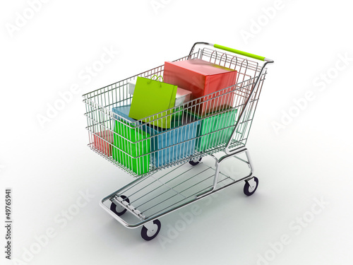 Illustration: Gift buying. Shopping cart full of boxes. 3d Gift buying. Shopping cart full of boxes. 3d