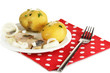 Dish of herring and potatoes on plate isolated on white