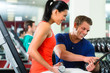 woman and Personal Trainer in gym, with dumbbells