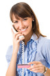 Young woman with plastic card, on phone, isolated