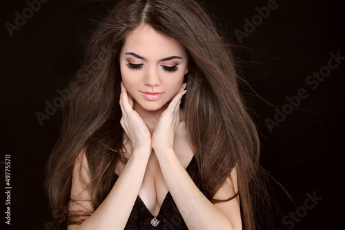 Photo: Beautiful woman with long brown hair. Closeup portrait of fashi Beautiful woman with long brown hair. Closeup portrait of fashi