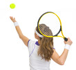 Tennis player serving ball. rear view