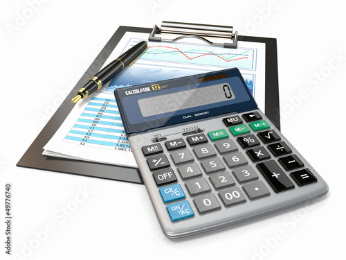 Illustration: Financial concept. Stock chart, calculator and pen. Financial concept. Stock chart, calculator and pen.