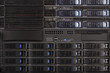 Server Blades and storage in a rack close up