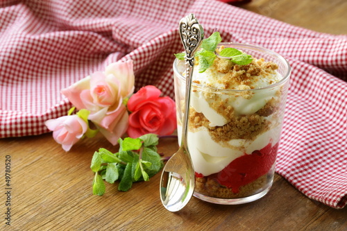 Photo: dairy dessert with strawberries, trifle in glasses dairy dessert with strawberries, trifle in glasses